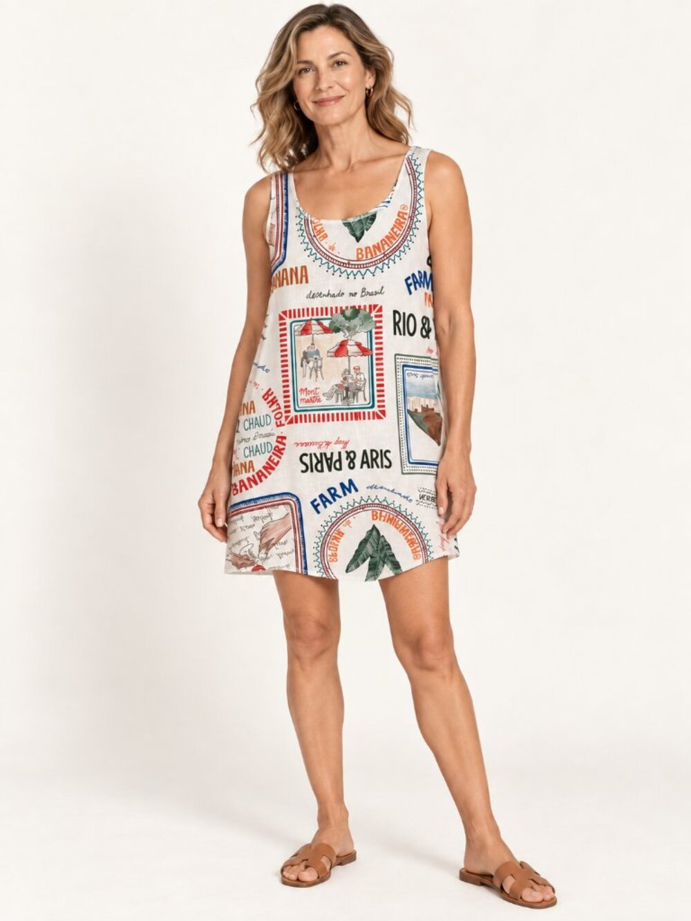 White Printed Tank Dress with Multicolor Travel Motifs